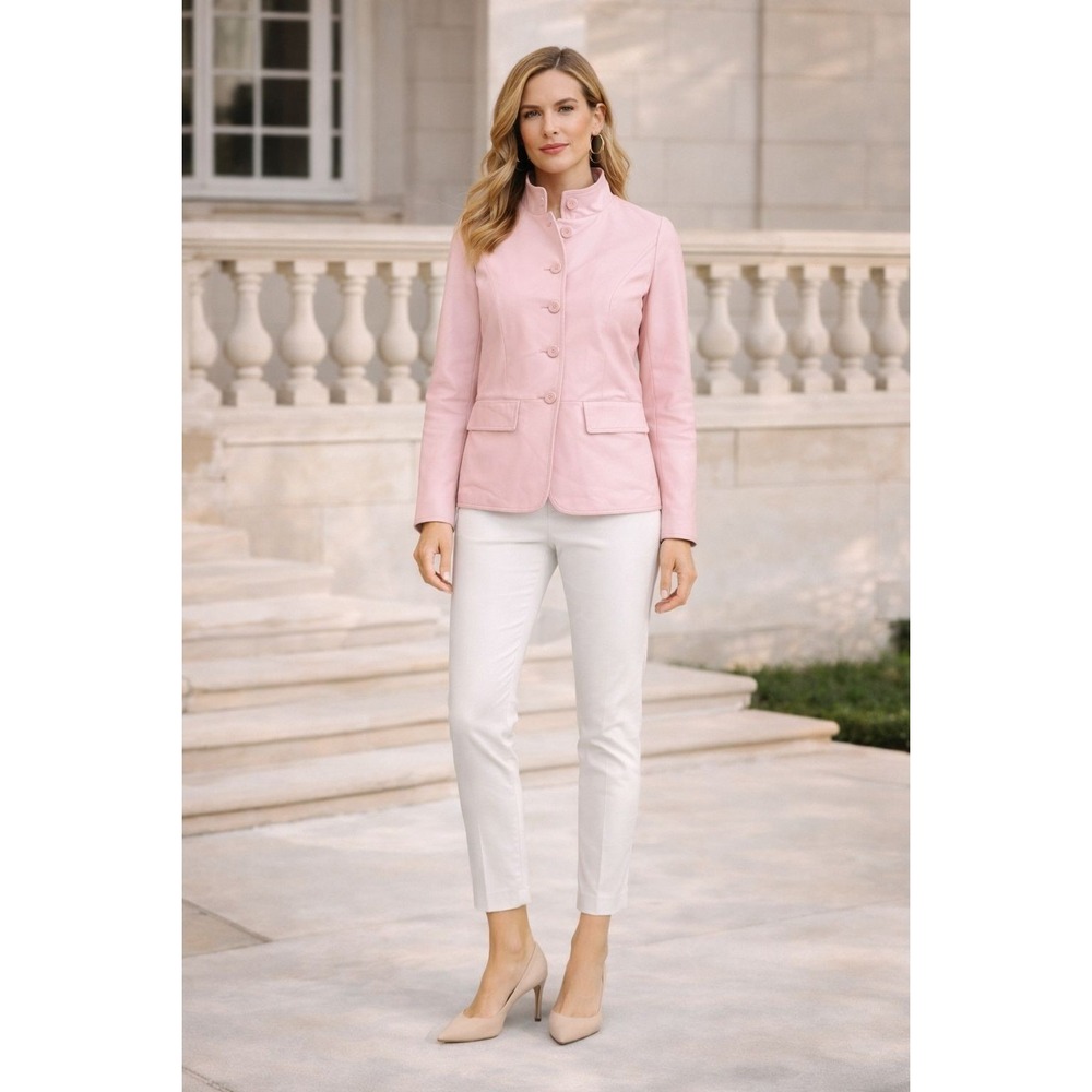CHADWICKS Pink Jacket 100% LEATHER Women's 8 Peplum Button Front Fitted Chic